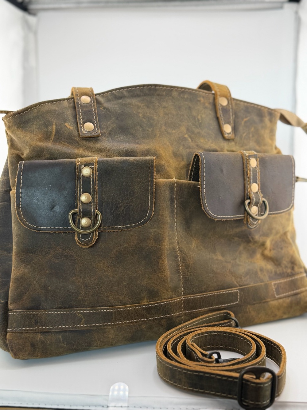 Myra Bag Brown Vintage Leather Tote Bag with Removable Strap - Picture 12 of 16
